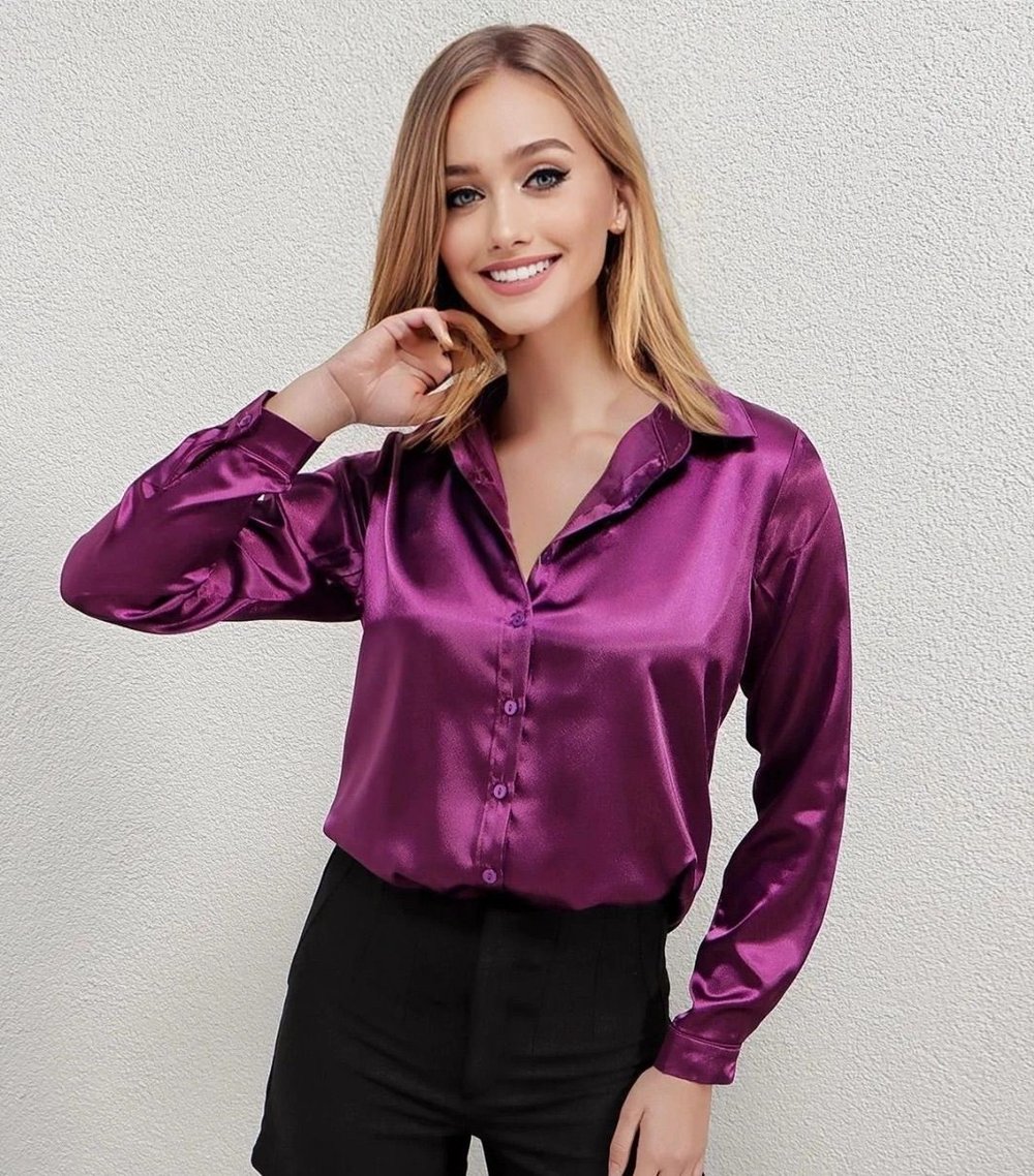 Kadın Mor Saten Yüzeyli Tesettür Gömlek HZL25W-BD139641