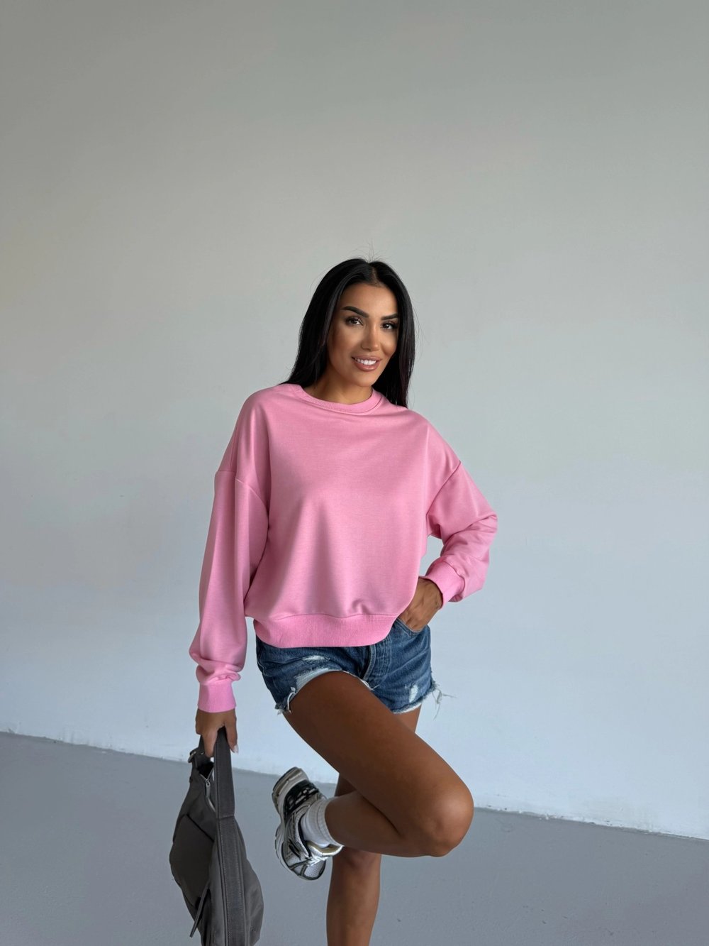 Kadın Pembe Bisiklet Yaka 2 İplik Sweatshirt HZL25W-FRY123391