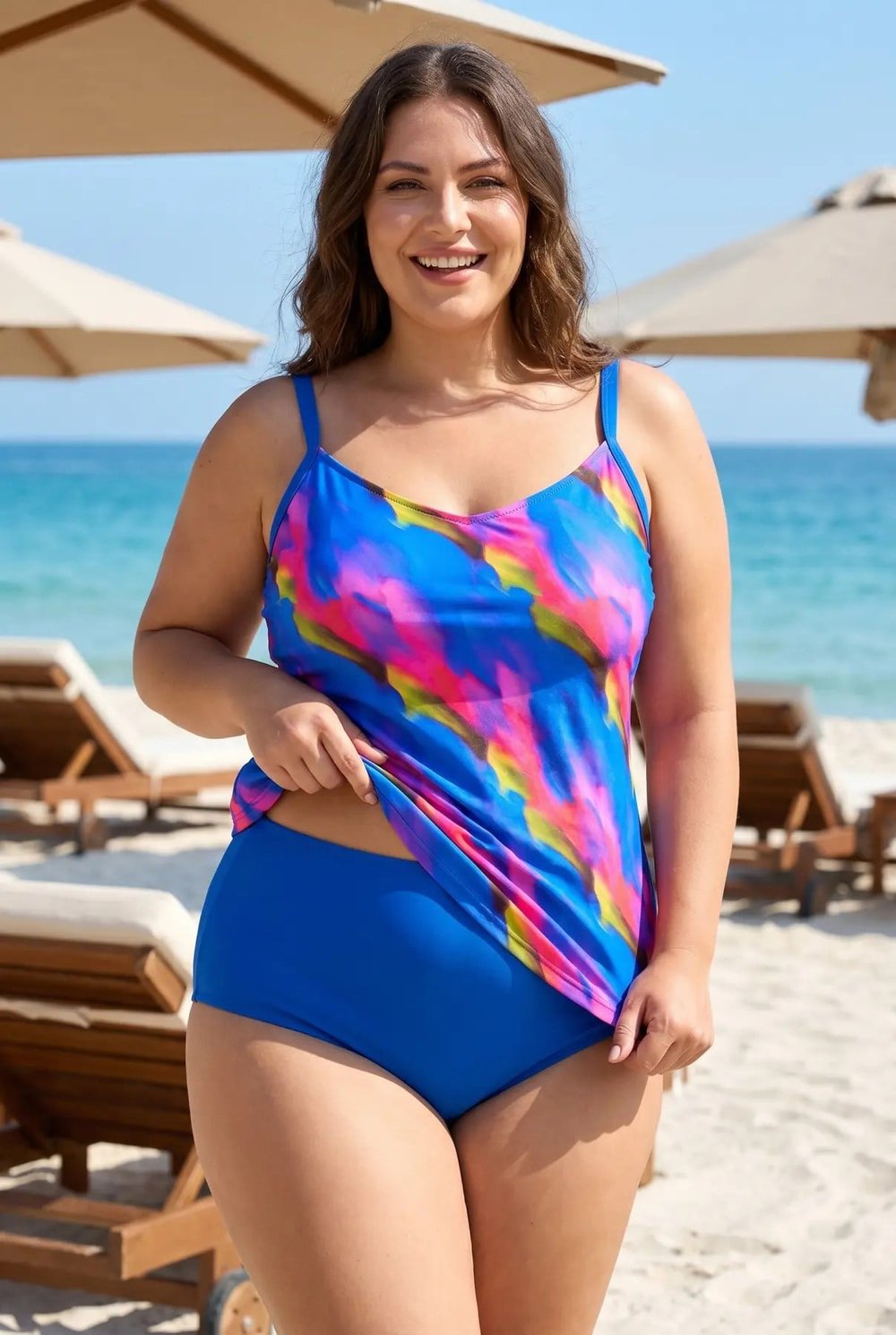 Kadın Saks Mavi Pembe Desenli Yüksek Bel Toparlayıcı Altlı Büyük Beden Slipli Tankini HZL26S-LC2031