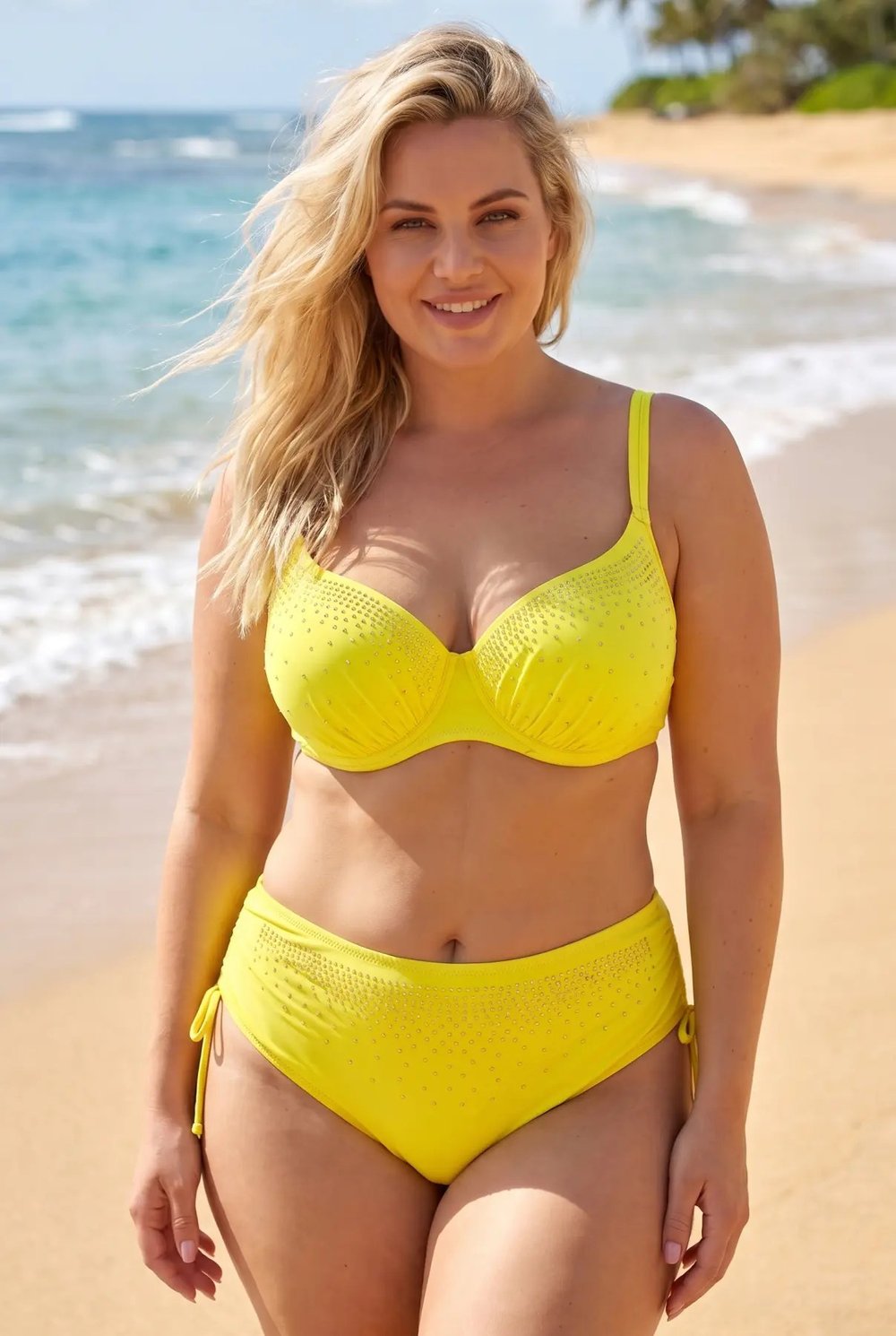Kadın Sarı Büyük Beden Taş İşlemeli Astarlı Bikini Takım HZL25S-LC2099