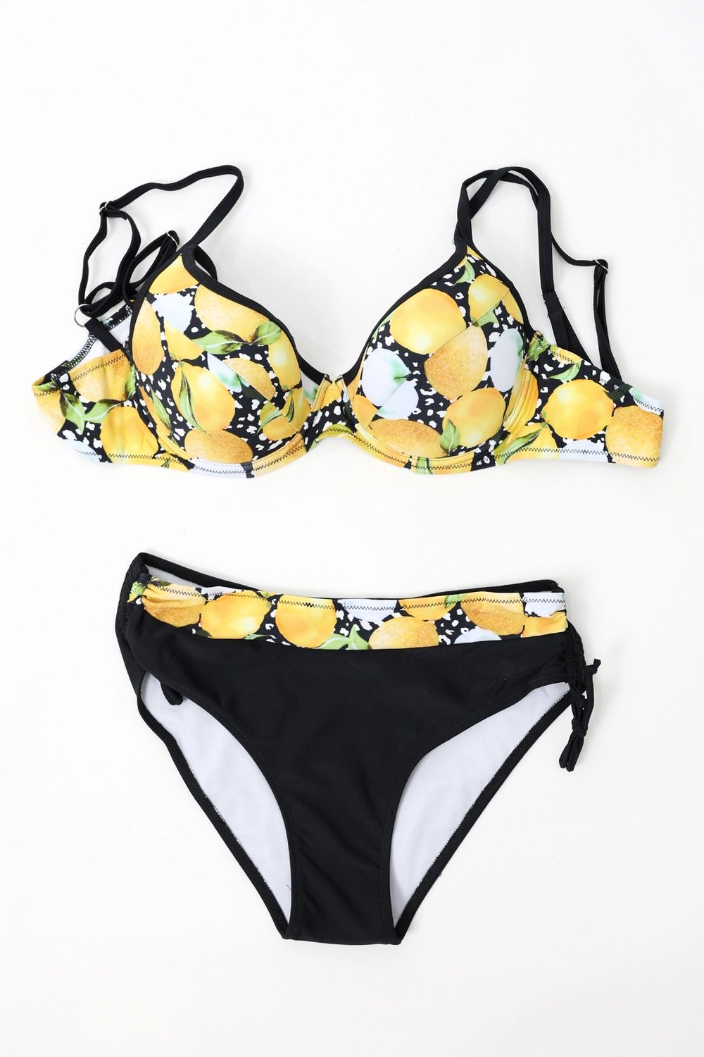 Kadın Sarı Siyah Limon Desenli İp Askılı Yüksek Bel Bikini Takım HZL24S-LC3348