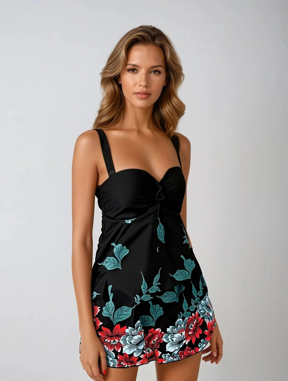 Kadın Siyah Çiçek Desenli Elbise Model  Slipli Tankini HZL24S-LC4009