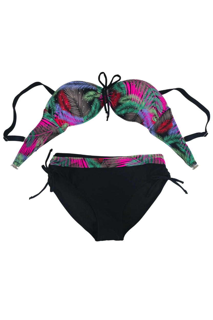 Kadın Siyah Çok Renk Desenli  Astarlı Büyük Beden Bikini Takımı HZL25S-LC03