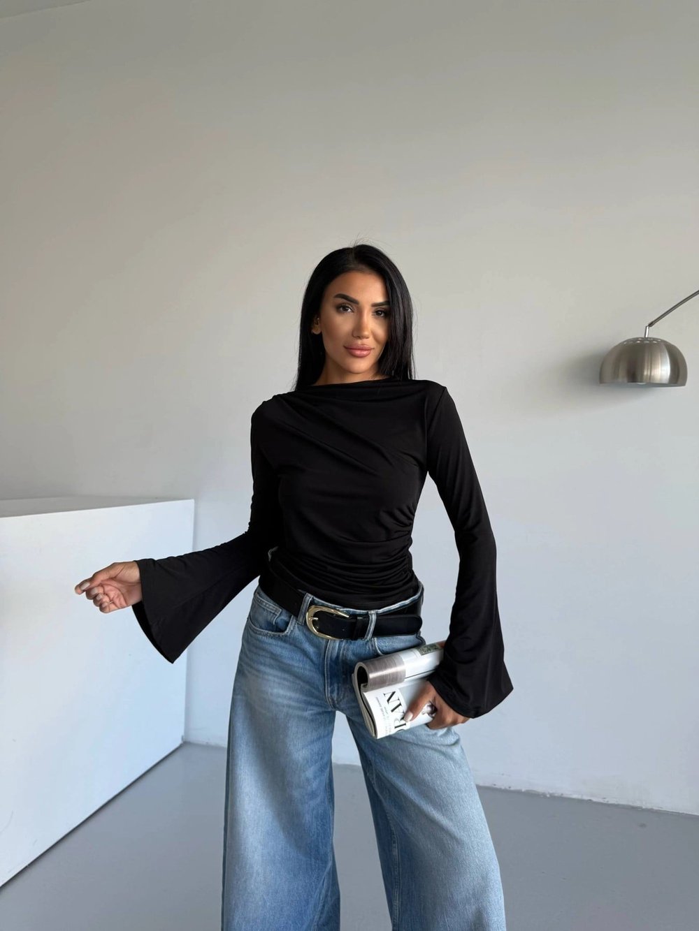Kadın Siyah Drape Detaylı İspanyol Kol Sany Bluz HZL25W-FRY123431