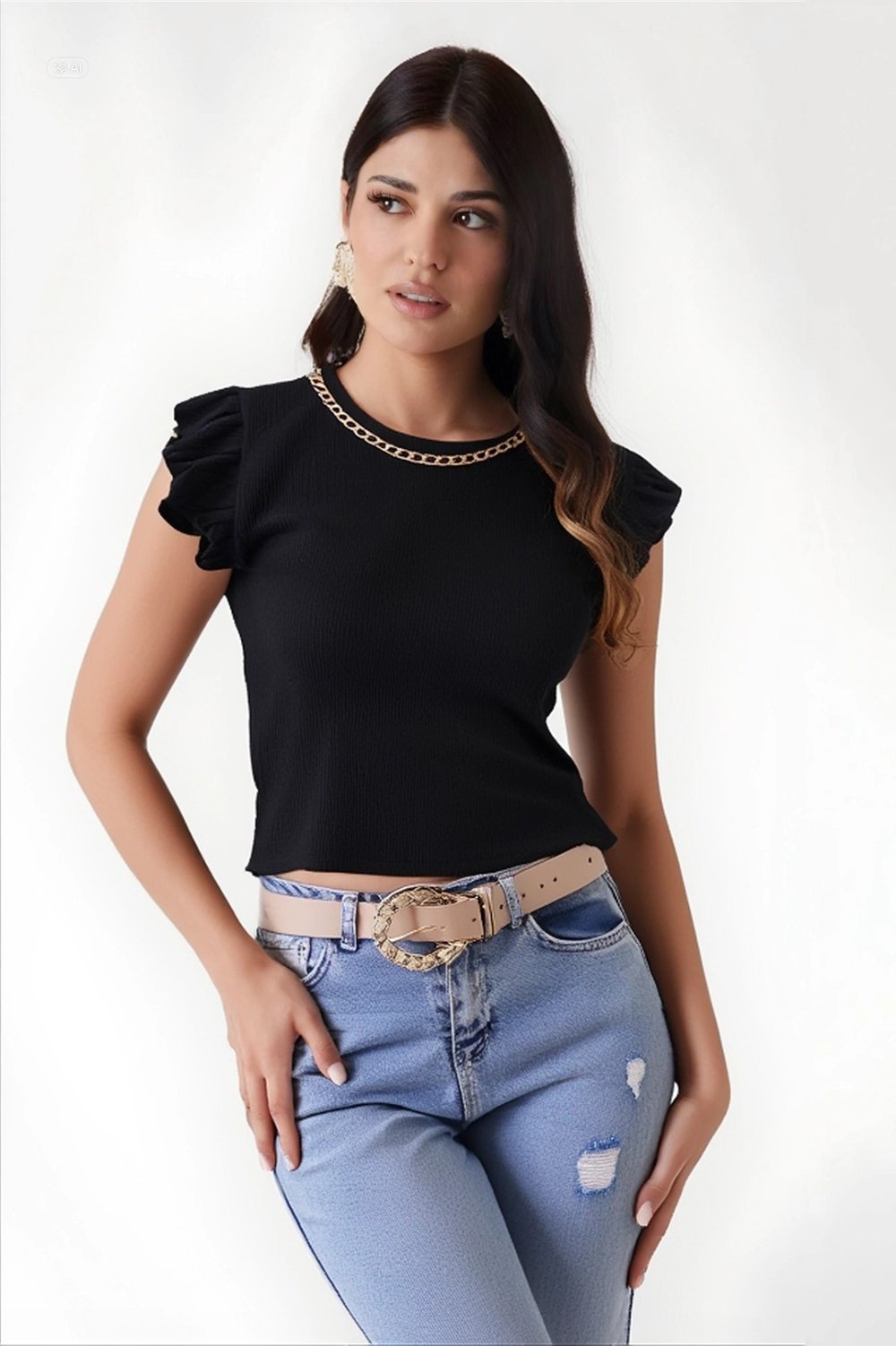Kadın Siyah Fırfır Kollu Zincir Kolyeli Örme Bluz HZL22S-BD104301