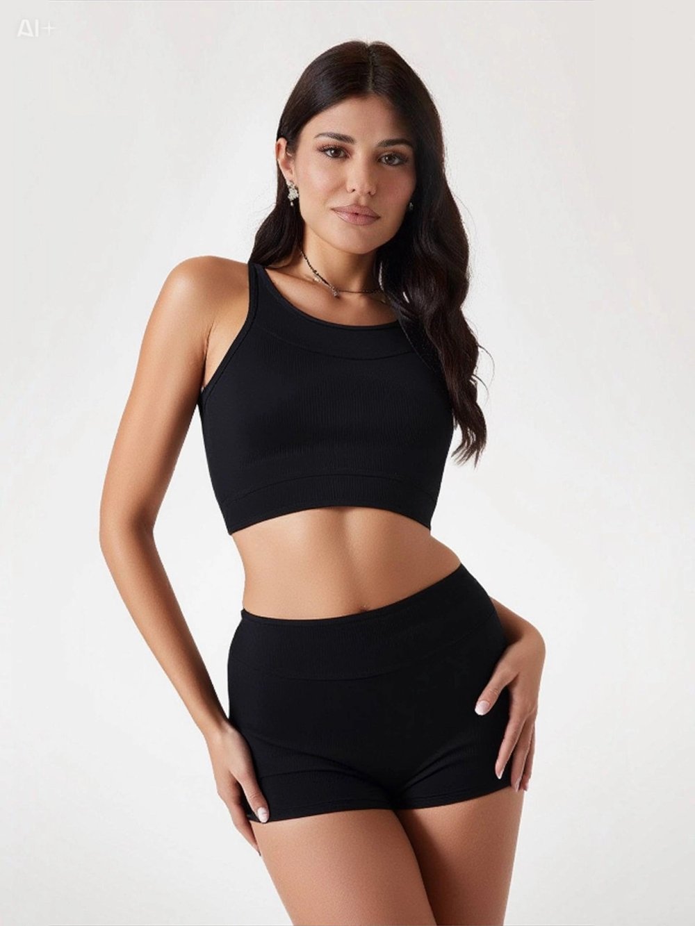 Kadın Siyah Şortlu Büstiyerli Parlak Kumaş Yüzücü Bikini Takım HZL23S-AR17541