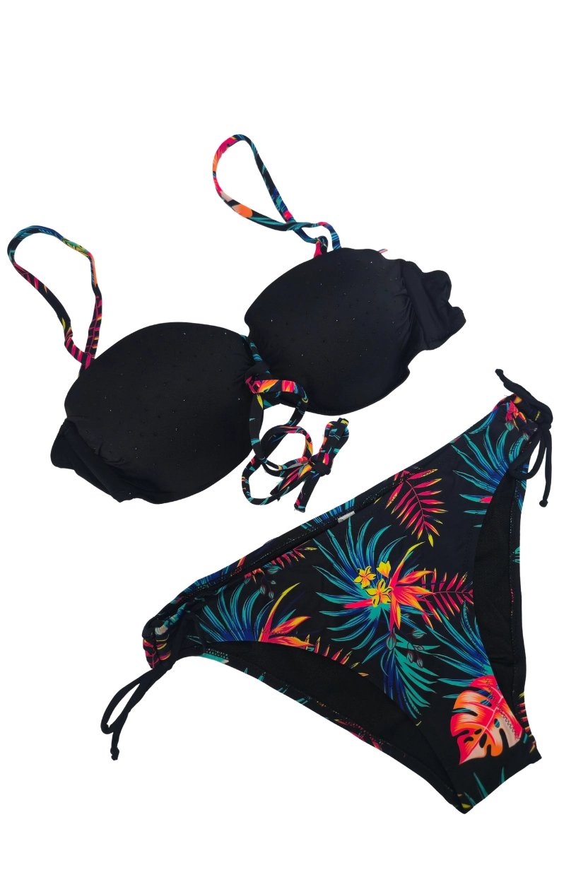 Kadın Siyah Taş İşlemeli Desenli Astarlı Bikini Takım HZL25S-LC209