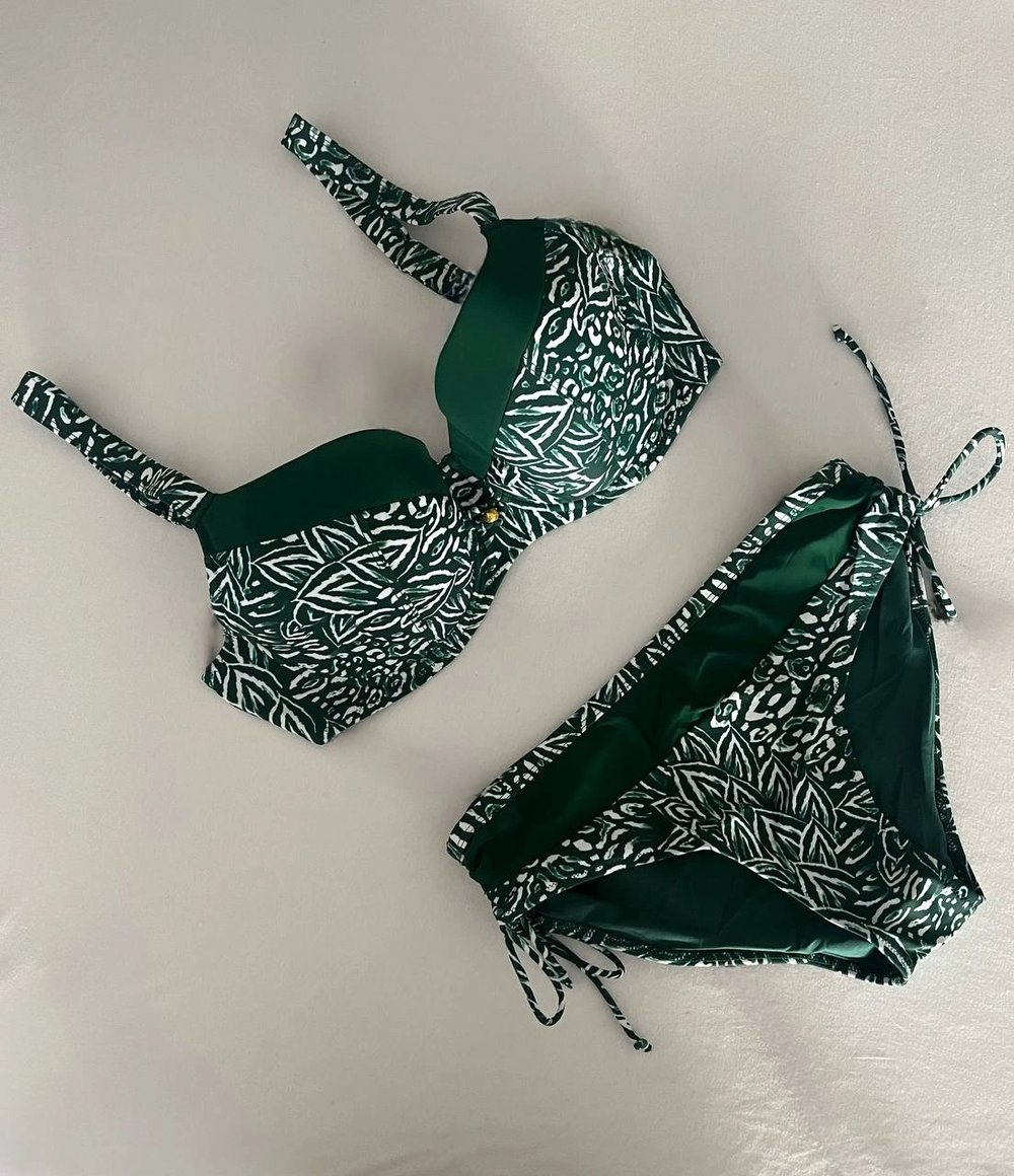 Kadın Yeşil Beyaz Desenli Büyük Beden Astarlı Bikini Takım HZL25S-LC4006