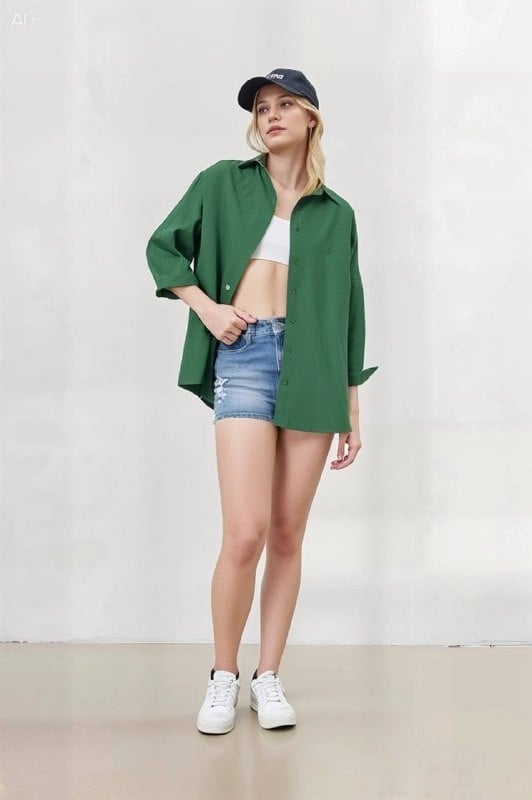 Kadın Zümrüt Yeşili Oversize Uzun Basic Gömlek HZL22W-BD139001