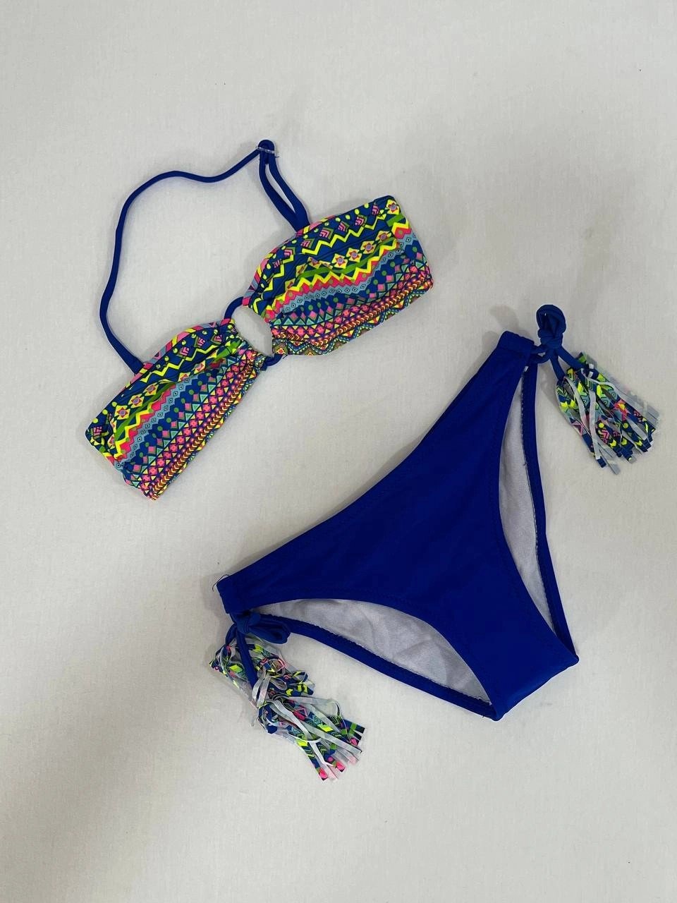 Kız Çocuk Mavi Çok Renkli  İp Detaylı Astarlı 4-12 Yaş Üçgen Bikini Takım HZL24S-LC1904