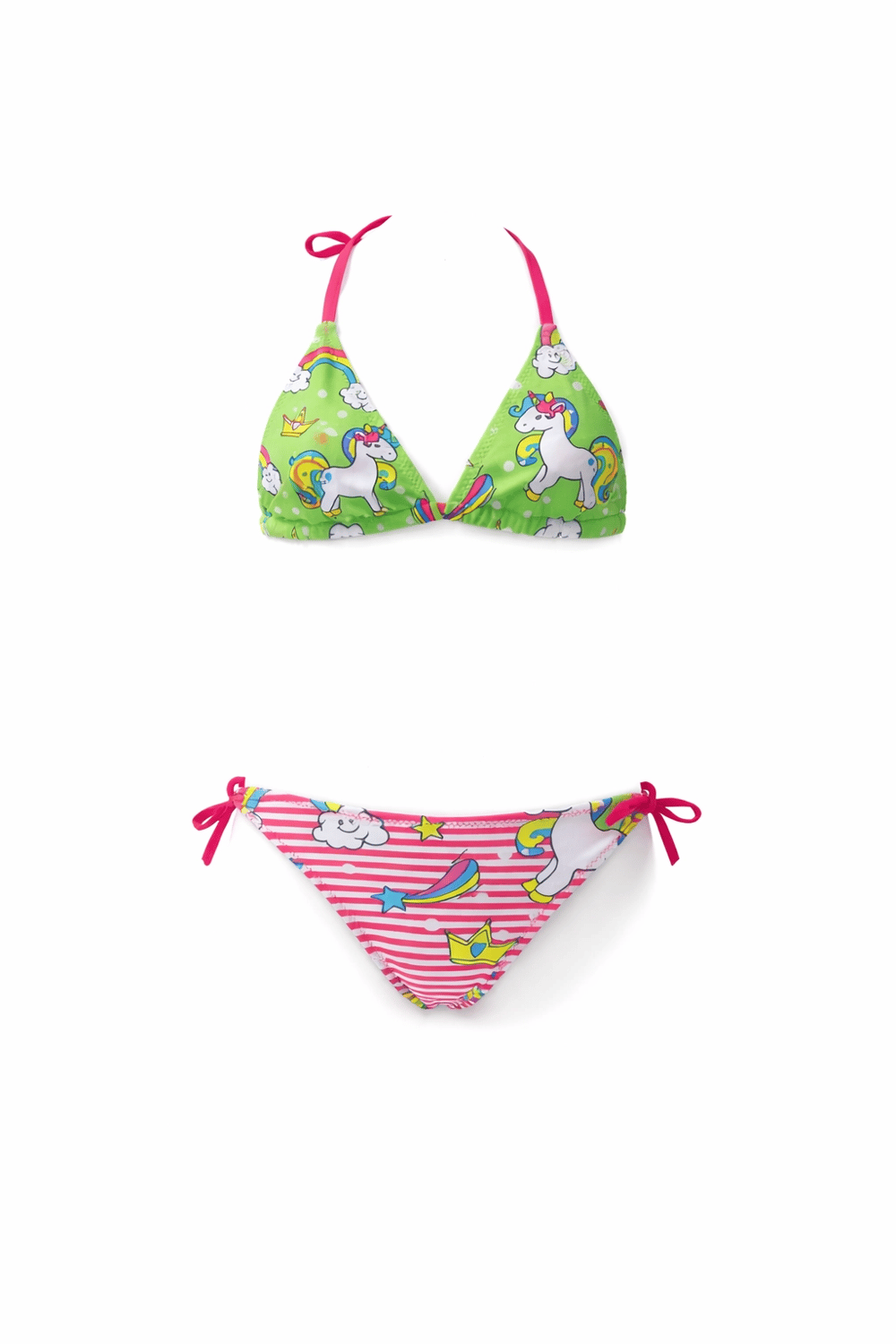 Kız Çocuk Neon Pembe Yeşil Unicorn Temalı Bikini Takım HZL25S-LC19049