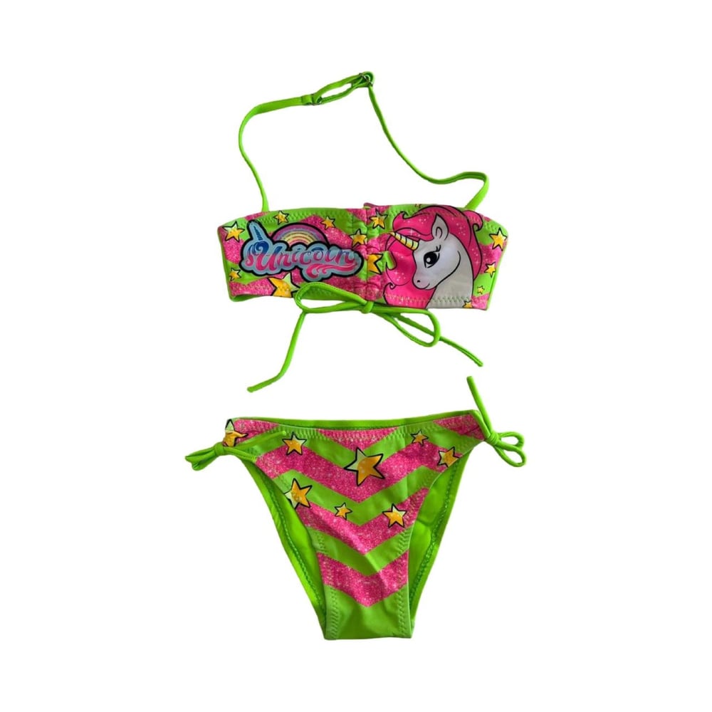 Kız Çocuk Neon Yeşil Unicorn Desenli  2-8 Yaş Straplez Bikini Takım HZL24S-LC3658