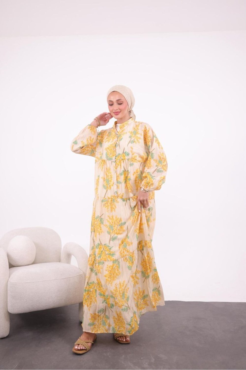 Kadın Sarı Mimoza Çiçeği Desenli Modal Kumaş Tesettür Elbise YS-NS496911