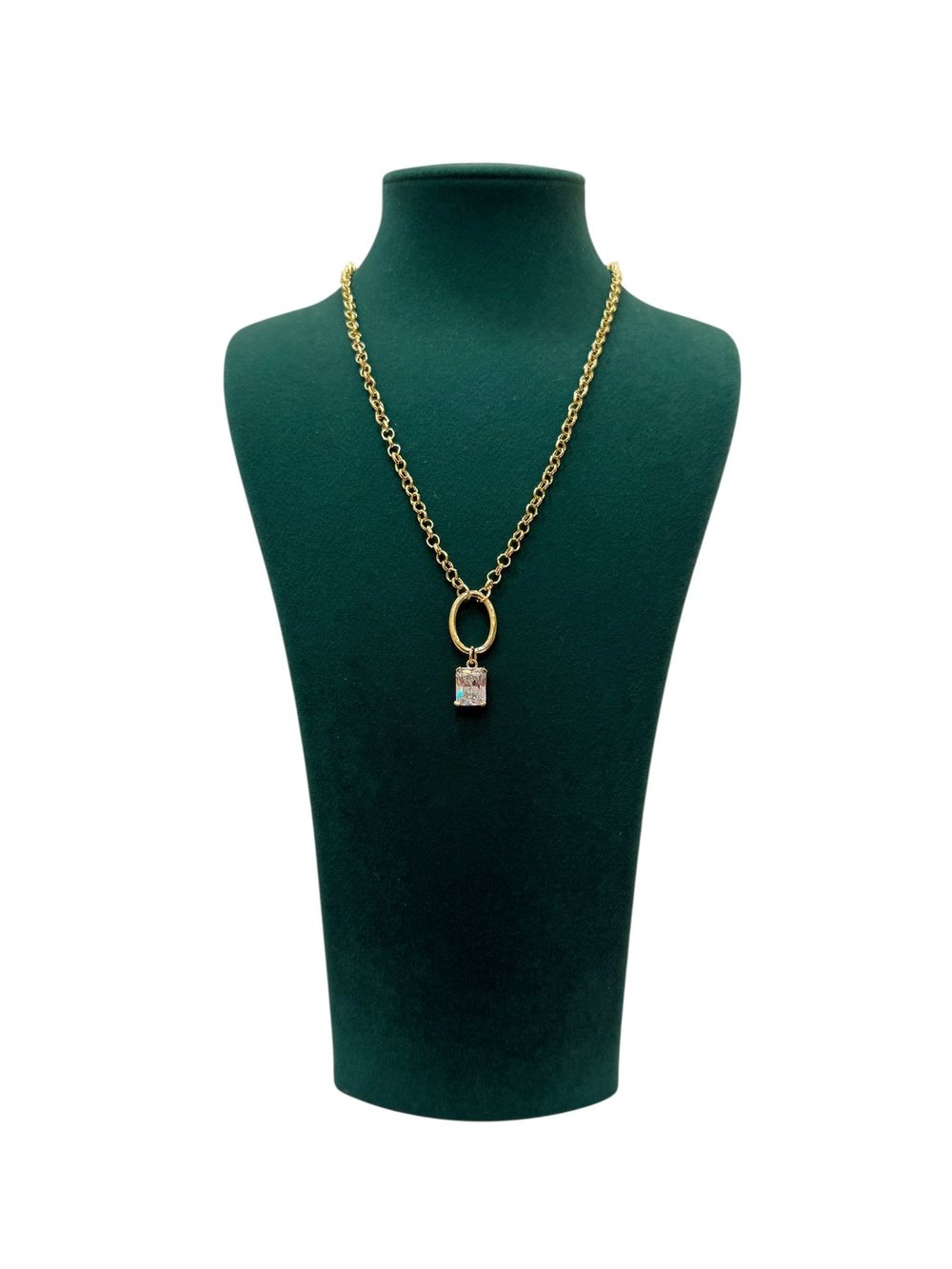 14 K Gold Renk Oval Figür Baget Taşlı VIP Kolye (44 CM)
