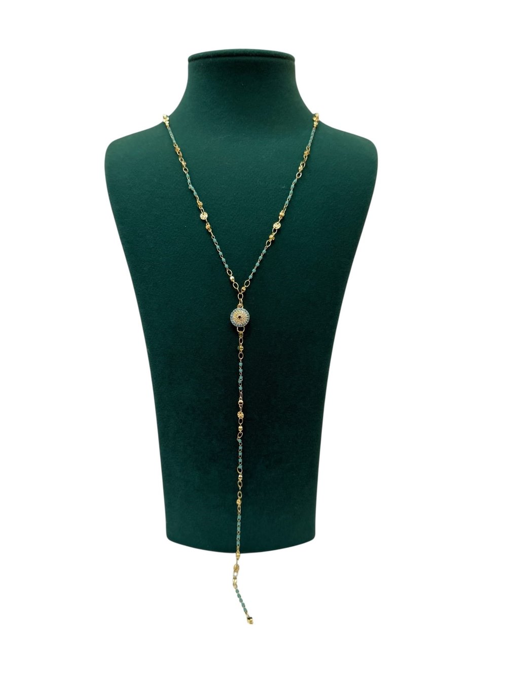 14K Gold Renk Mavi İnce Boncuklu Nazarlı VIP Y Kolye (80+5 CM)