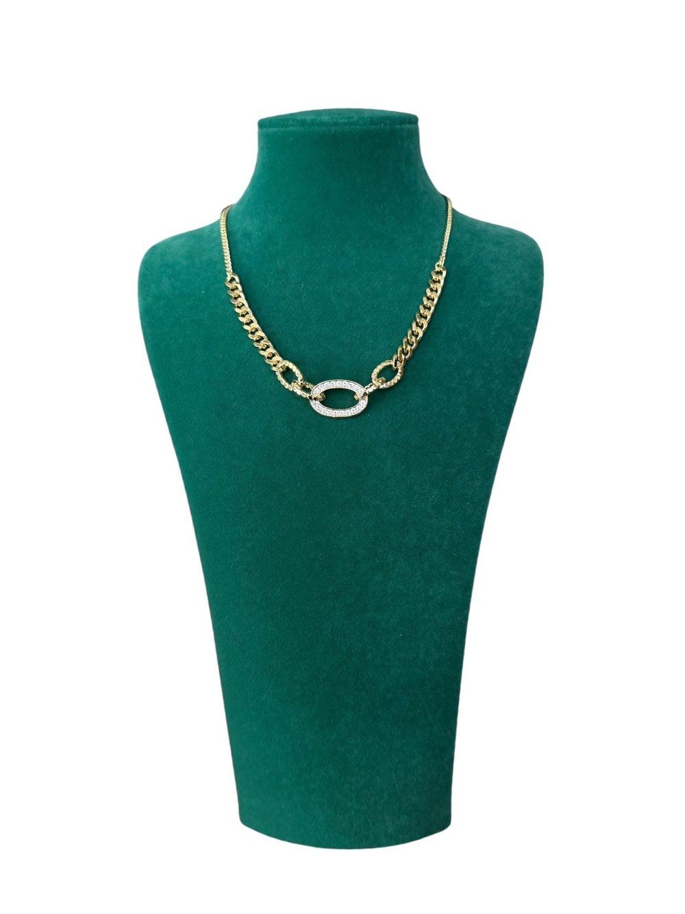 14K Gold Renk Ortası Zirkon Zincir Detaylı VIP Kolye (40+5 CM)