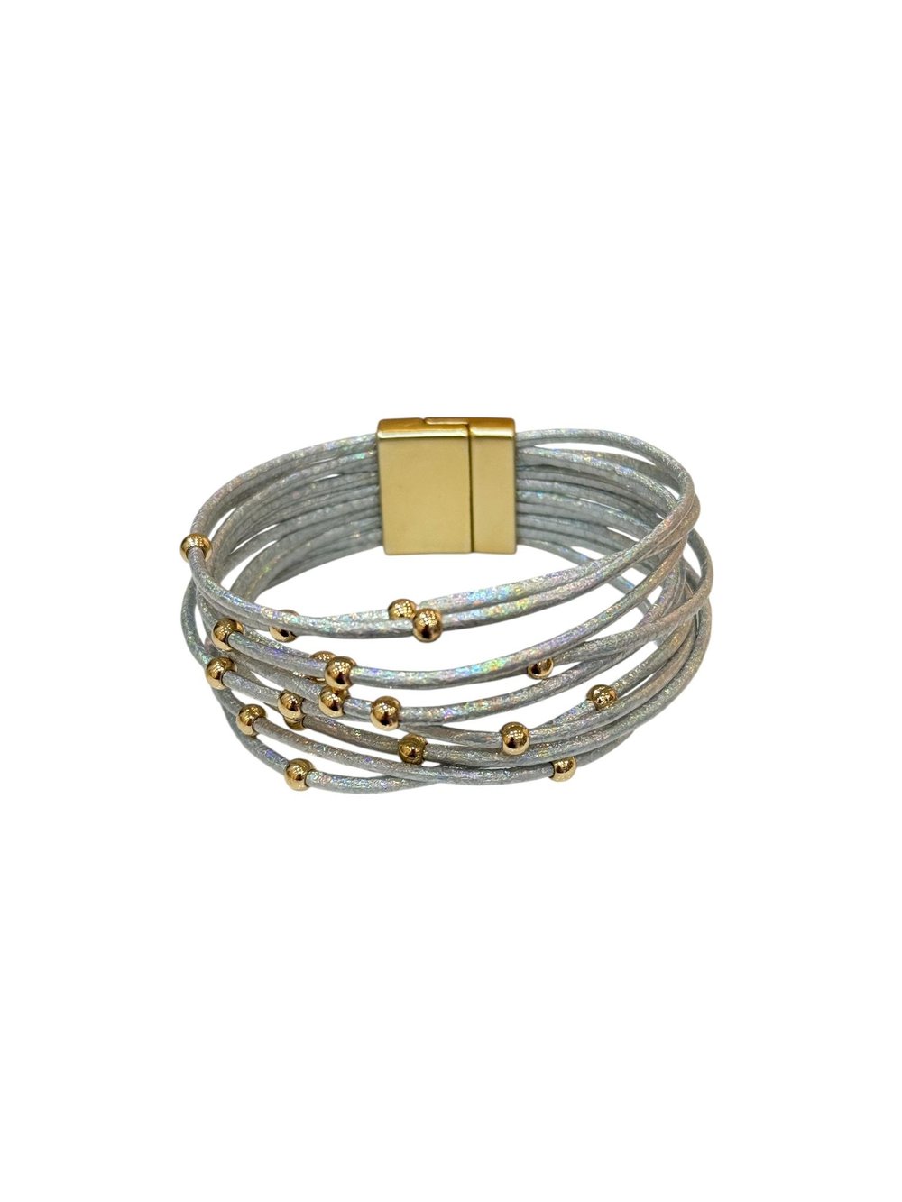Gümüş Renk Gold Boncuklu Deri Mıknatıslı Tasarım Bileklik (19 CM)
