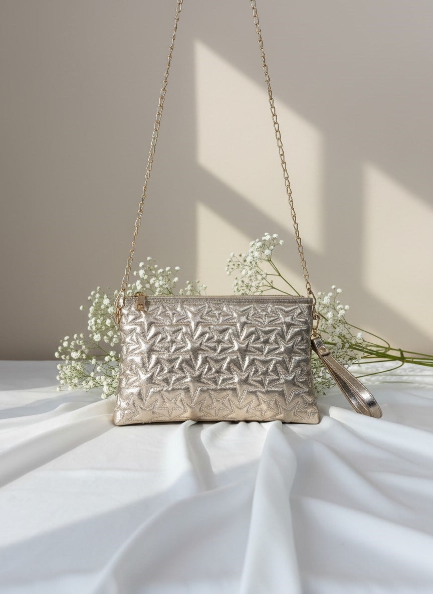 Veys Yıldız Dokulu Gold Kadın Clutch Çanta
