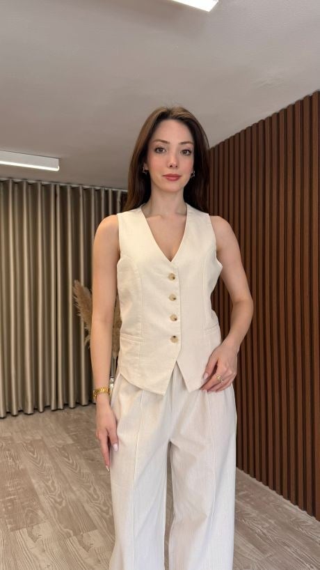 Keten Yelek (Krem-Kahve)