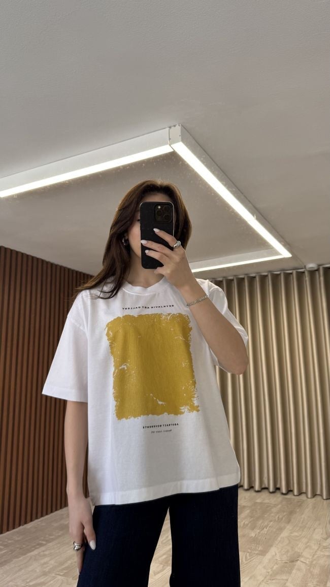 Sarı Kare Baskılı Tshirt