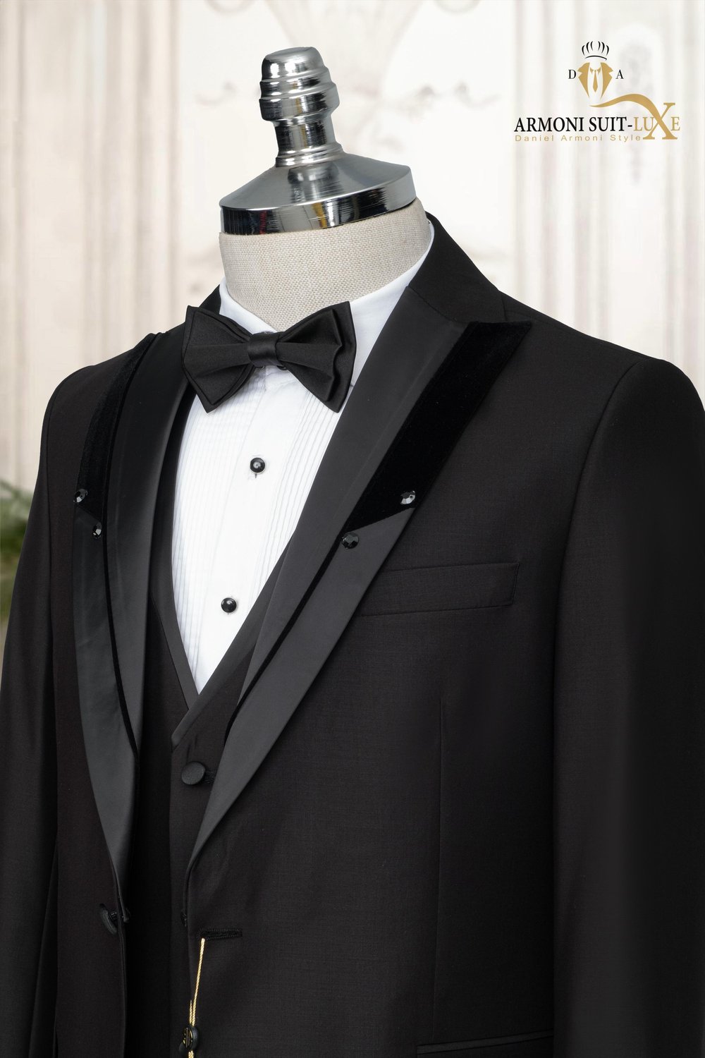 Slim Fit Siyah Düz Damatlık & Smokin Yelekli Takim Elbise