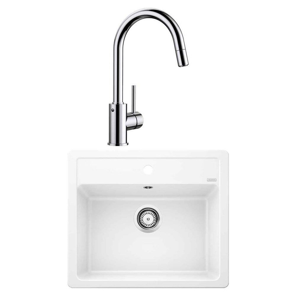 Blanco LEGRA 6 Granit Beyaz Evye, MIDA-S Krom Spiralli Armatür Set