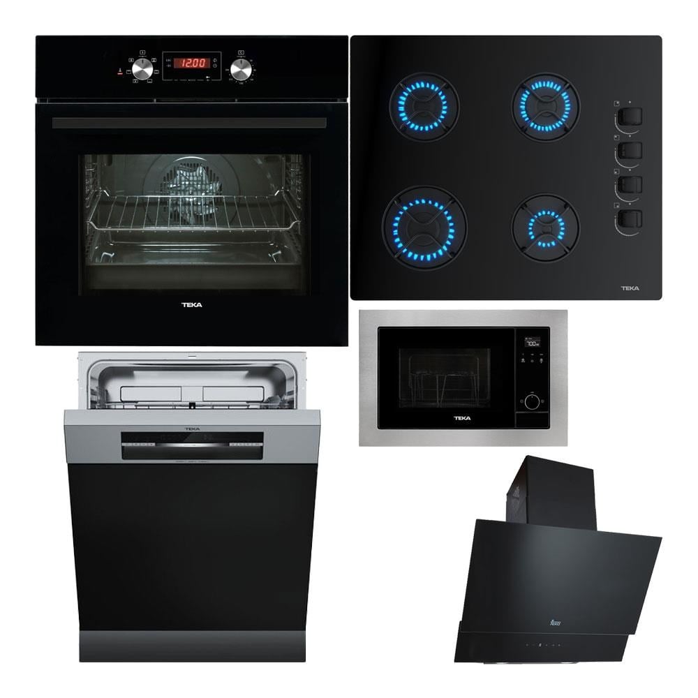 Teka Ankastre Set, HAK 625 BK Siyah Fırın, GBE 64002 Siyah Cam Ocak, ATV 60 Siyah Davlumbaz, MS 620 BIS Ankastre Mikrodalga Fırın, DSI 46750 SS Yarı Ankastre Bulaşık Makinesi