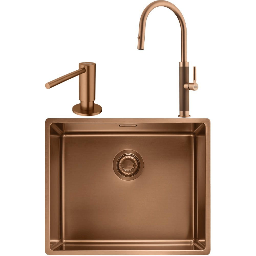 Franke MYTHOS BXM 210/110-50 Paslanmaz Çelik Copper Evye, MYTHOS Spiralli Copper Armatür, Sıvı Sabunluk Copper