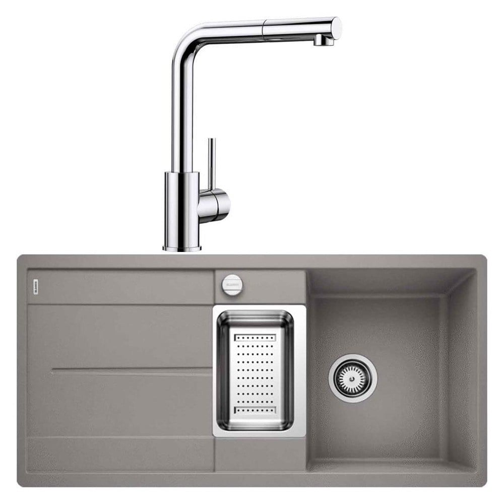 Blanco METRA 6 S-F Granit Alu Metallic Evye, MILA-S Krom Spiralli Armatür Set, Kevgir Hediyeli