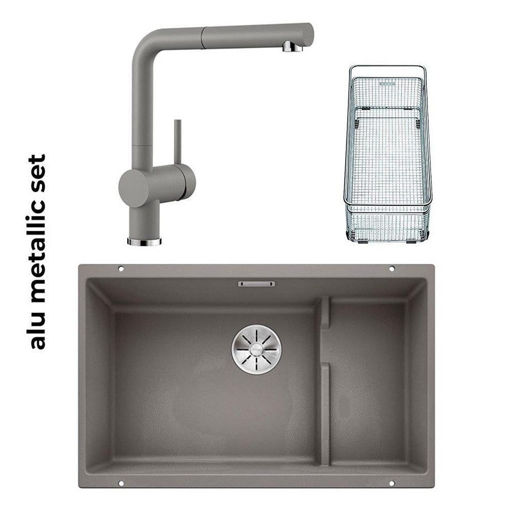 Blanco SUBLINE 700 U LEVEL Granit Alu Metallic Evye, LINUS-S Alu Metallic Spiralli Armatür Set, Aksesuar hediyeli