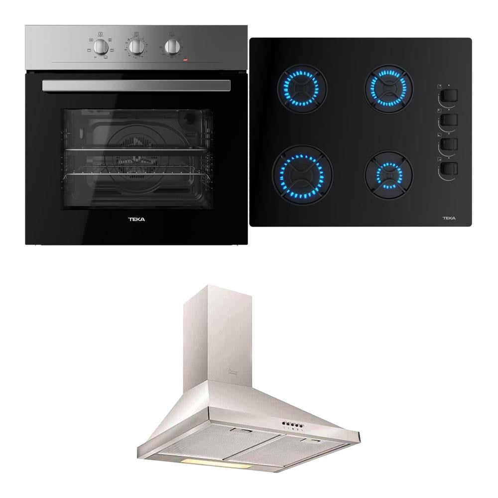 Teka Ankastre Set, HE 715 SS Inox Fırın, GBE 64002 Siyah Cam Ocak, DF 60 Inox Davlumbaz