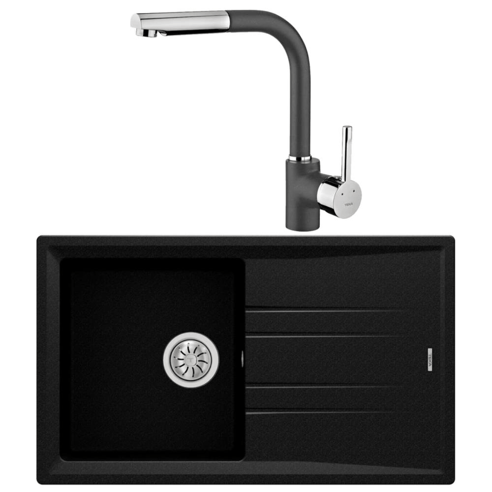 Teka Stone 50 B-TG Granit Metalik Siyah Evye, ARK 938 Spiralli Metalik Siyah Armatür