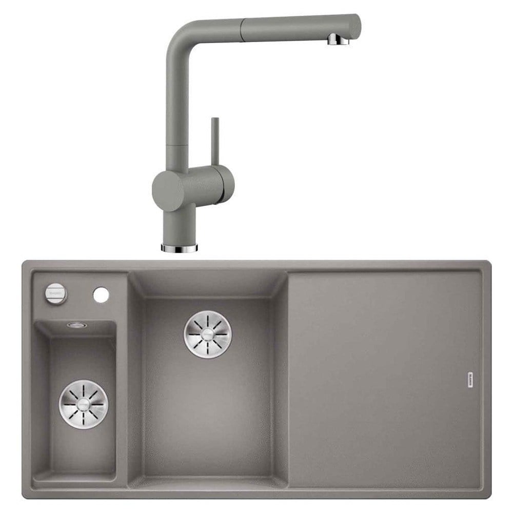 Blanco AXIA III 6 S Granit Alu Metallic Evye, Sağdan damlalık, LINUS-S Alu Metallic Spiralli Armatür Set, Aksesuar hediyeli