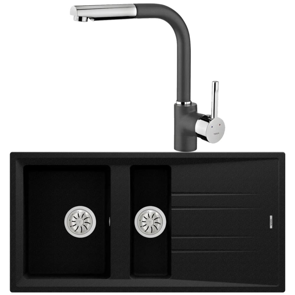 Teka Stone 60 B-TG Granit Metalik Siyah Evye, ARK 938 Spiralli Metalik Siyah Armatür