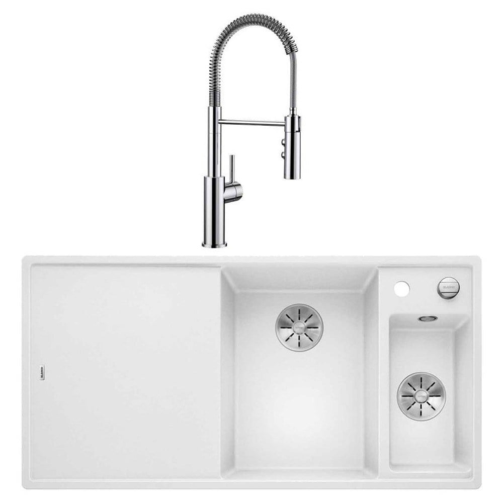 Blanco AXIA III 6 S Granit Beyaz Evye, Soldan damlalık, CATRIS-S Krom Spiralli Armatür Set, Aksesuar hediyeli
