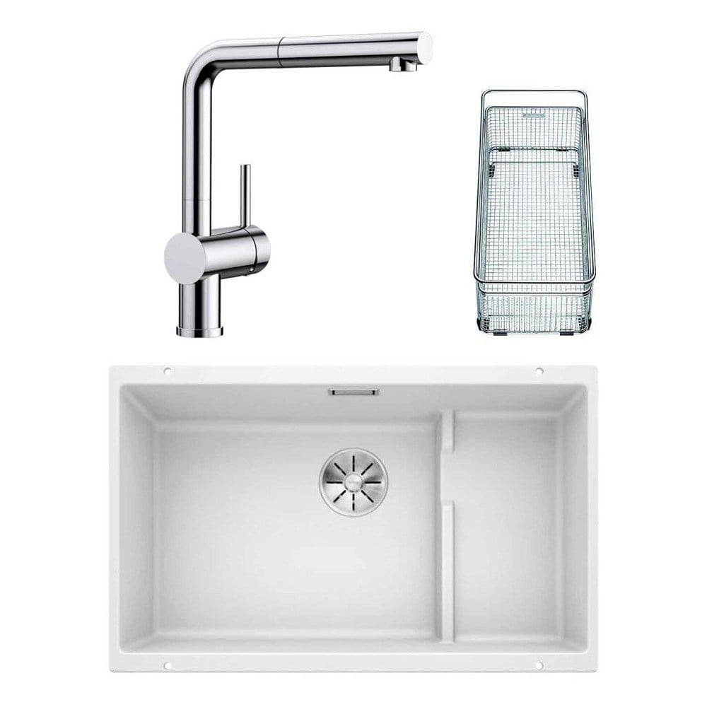 Blanco SUBLINE 700 U LEVEL Granit Beyaz Evye, LINUS-S Krom Spiralli Armatür Set, Aksesuar hediyeli