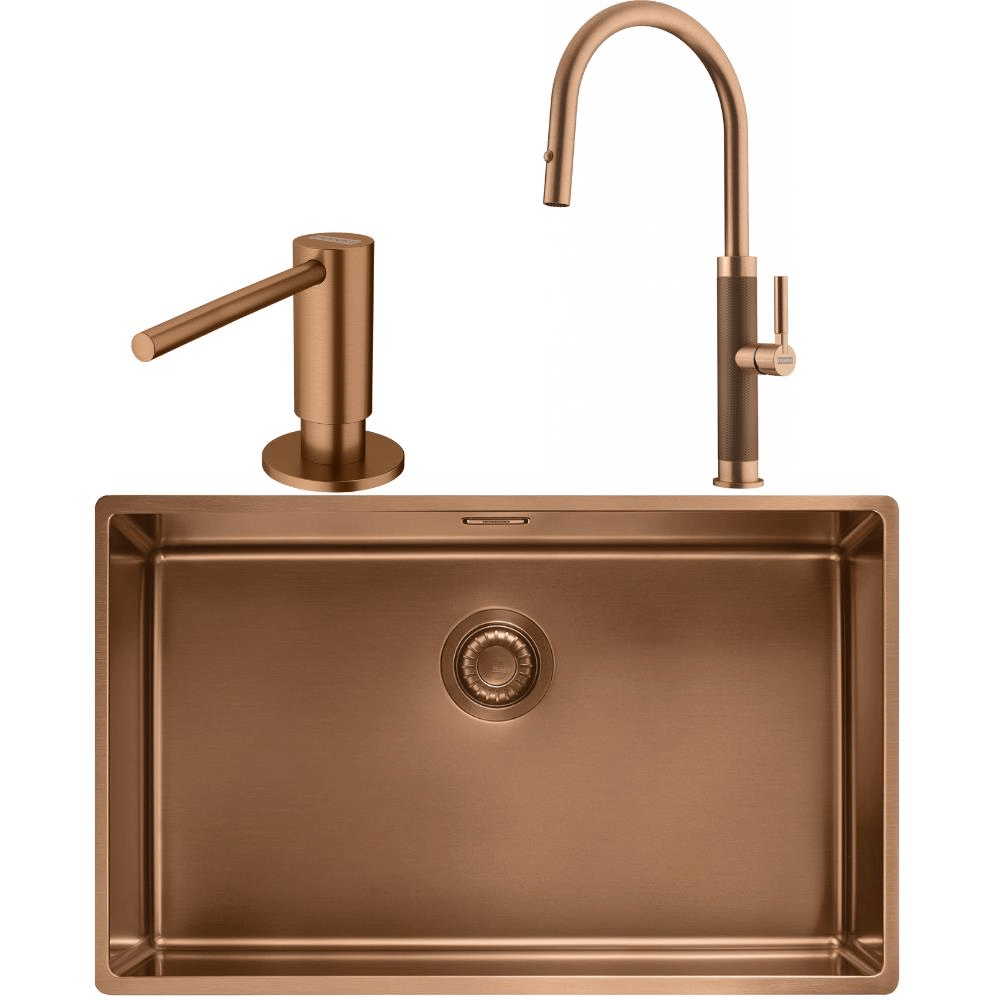 Franke MYTHOS BXM 210/110-68 Paslanmaz Çelik Copper Evye, MYTHOS Spiralli Copper Armatür, Sıvı Sabunluk Copper