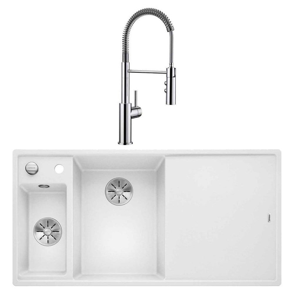 Blanco AXIA III 6 S Granit Beyaz Evye, Sağdan damlalık, CATRIS-S Krom Spiralli Armatür Set, Aksesuar hediyeli