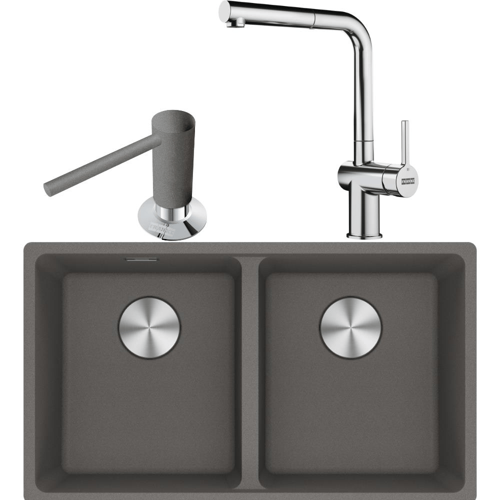 Franke MRG 120-35-35 Granit Stone Grey Renk Evye, ACTIVE PLUS DOCCIA 2.0 Krom Renk Armatür, Sıvı Sabunluk Stone Grey Renk
