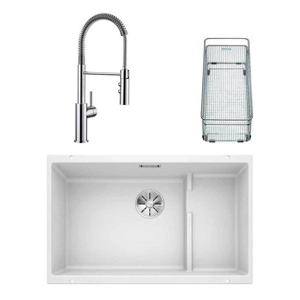 Blanco SUBLINE 700 U LEVEL Granit Beyaz Evye, CATRIS-S Krom Spiralli Armatür Set, Aksesuar hediyeli