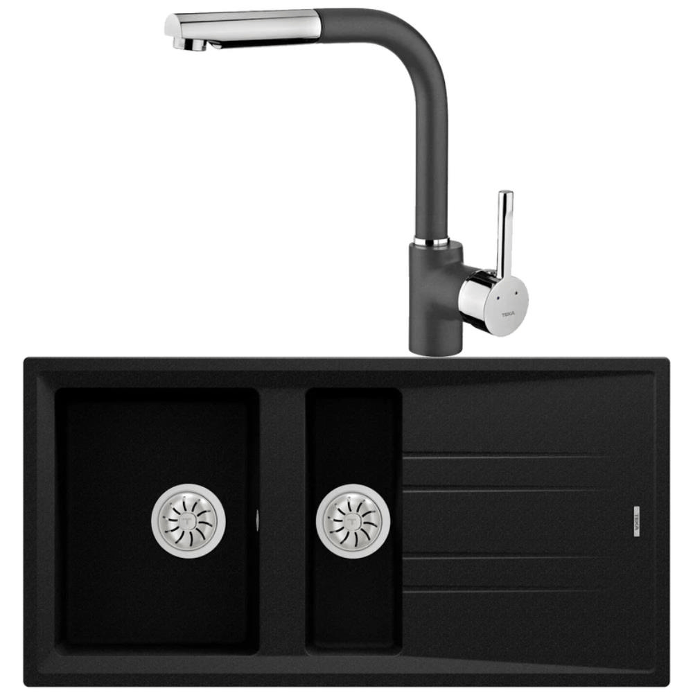Teka Stone 60 B-TG Granit Metalik Siyah Evye, ARK 938 Spiralli Metalik Siyah Armatür