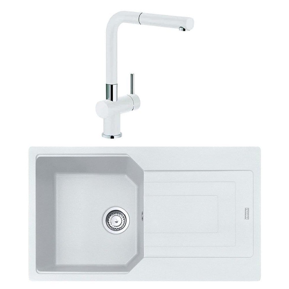 Franke UBG 611-86 Granit Bianco Evye, Active Plus Doccia Bianco Armatür