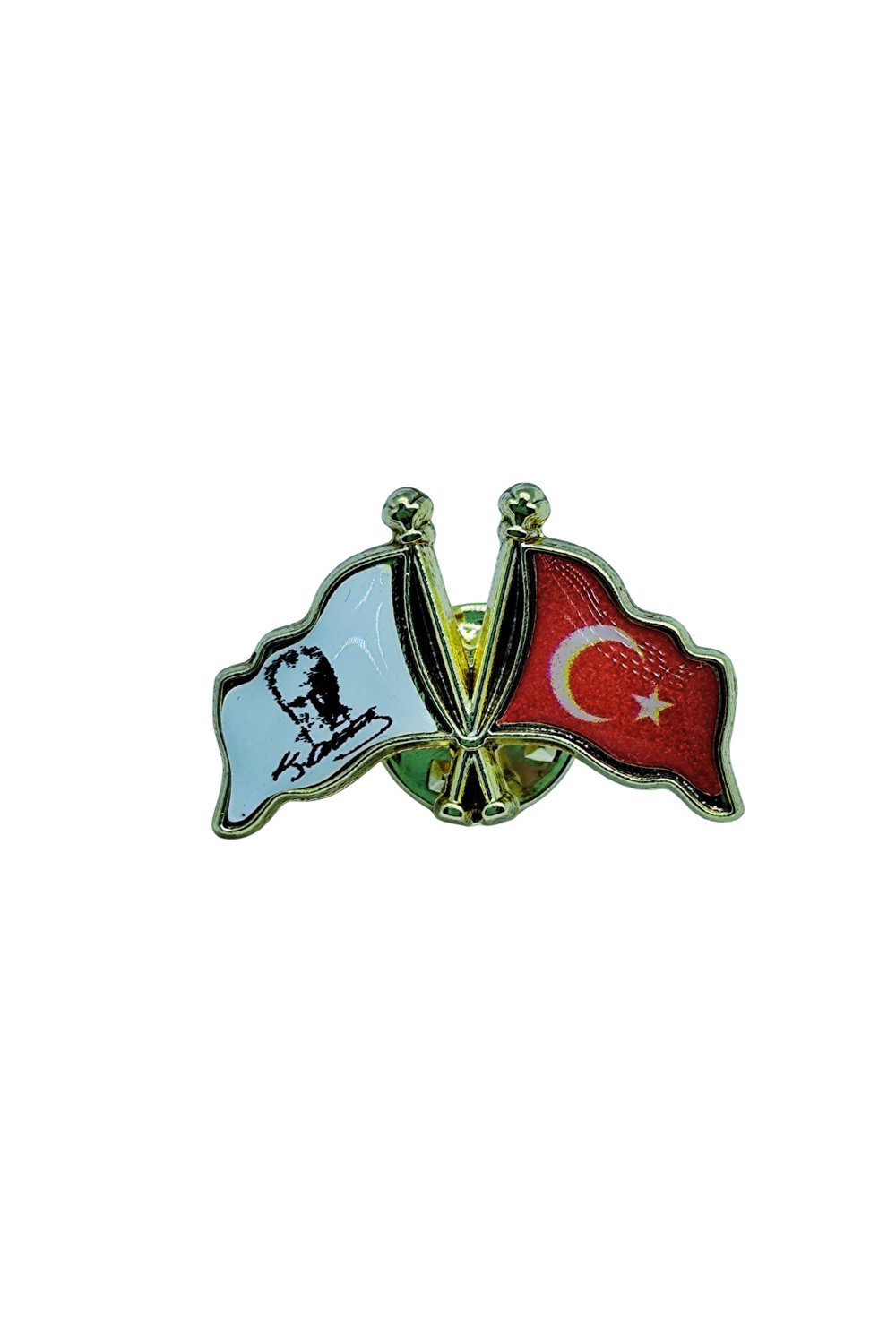 Atatürk İmzalı ve Türk Bayraklı Çift Flama Rozet – Altın Tonlu Anlamlı Yaka Aksesuarı
