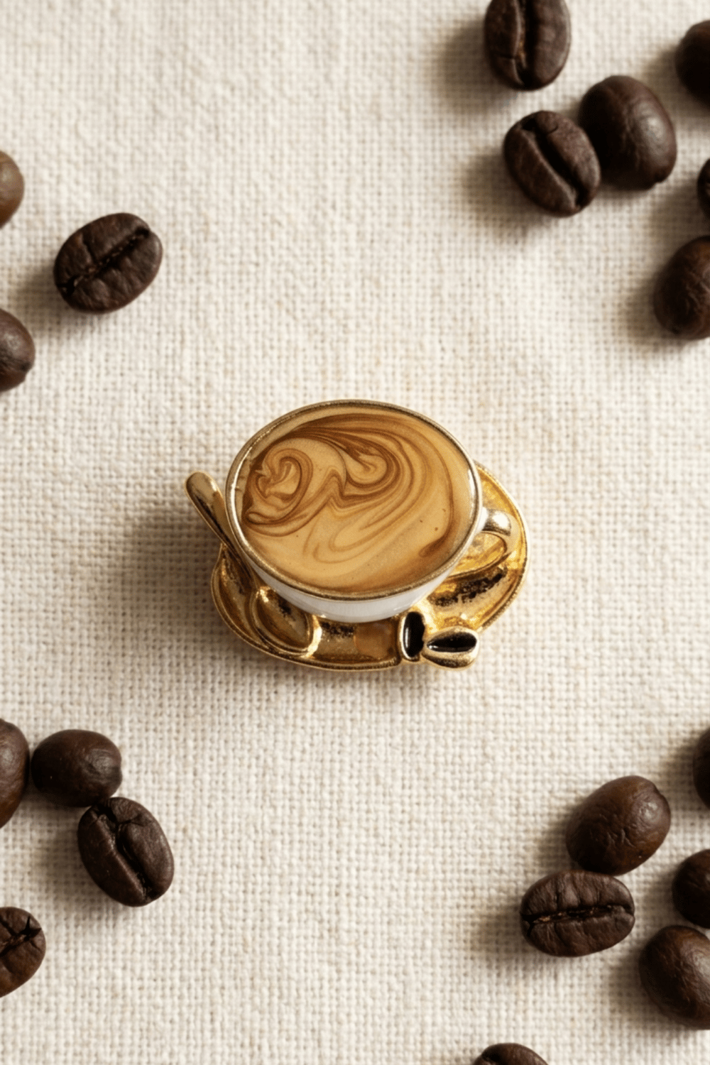 Beyaz Mineli Latte Fincanı Broş | Altın Renk Tabaklı Kahve Çekirdekli Yaka İğnesi