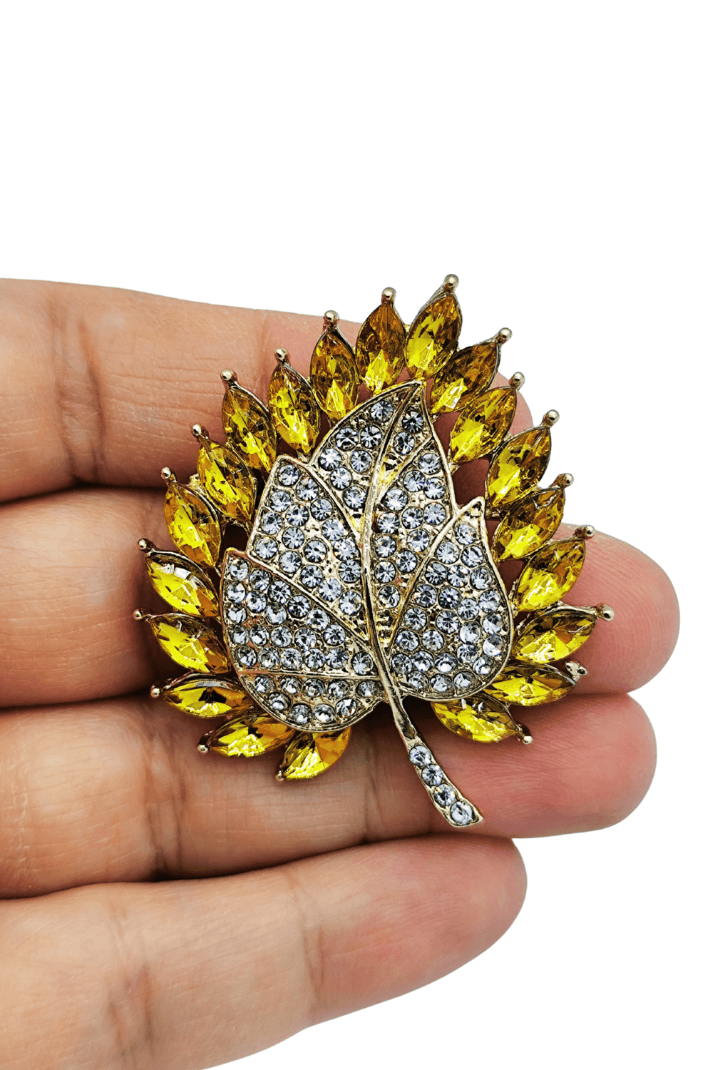 Golden Autumn Işıltılı Taşlı Yaprak Broş
