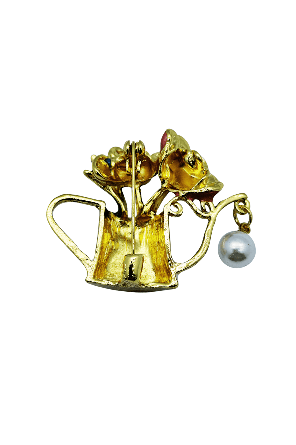 İnci Detaylı Çiçekli Fincan Gold Broş