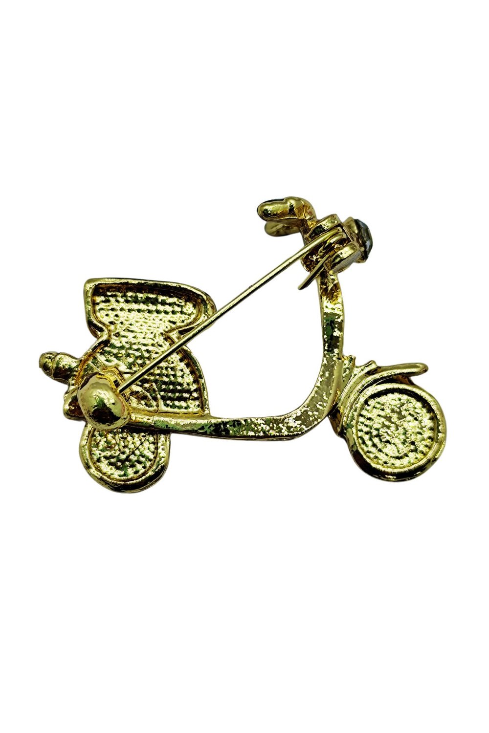 Kristal Taşlı Scooter Tasarımlı Broş – Altın Renk Şık Retro Motor Figürlü Aksesuar