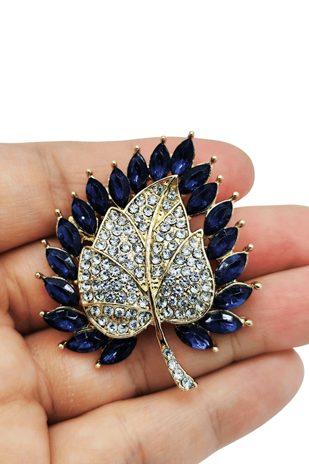 Royal Sapphire Işıltılı Taşlı Yaprak Tasarım Broş
