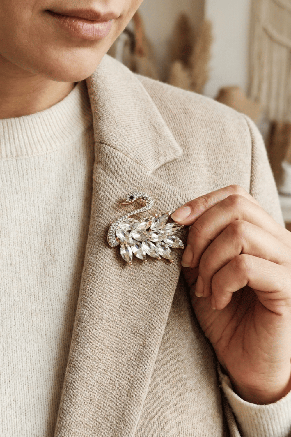 Şeffaf Kristal Taşlı Kuğu Broş | Rose Gold Renk Zirkon Taşlı Gelin Yaka İğnesi