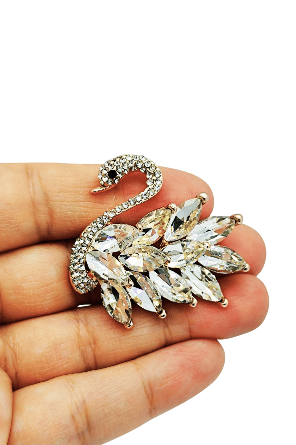 Şeffaf Kristal Taşlı Kuğu Broş | Rose Gold Renk Zirkon Taşlı Gelin Yaka İğnesi
